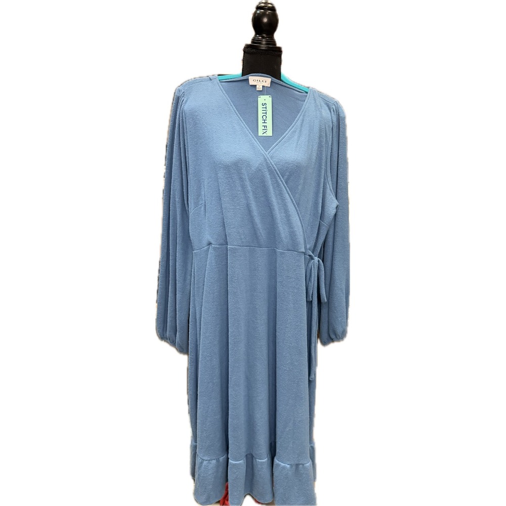 Gilli Stitch Fix Blue Wrap Dress Long Sleeve Ruffle Hem Midi Plus Size 2X NEW
